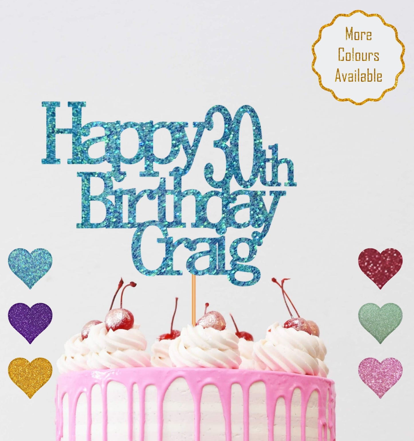 Personalised Name and Age Happy Birthday Cake Topper - 18th, 21st, 30th, 40th, 50th, 60th Cake Topper - Double Sided Glitter Card 12 Colours