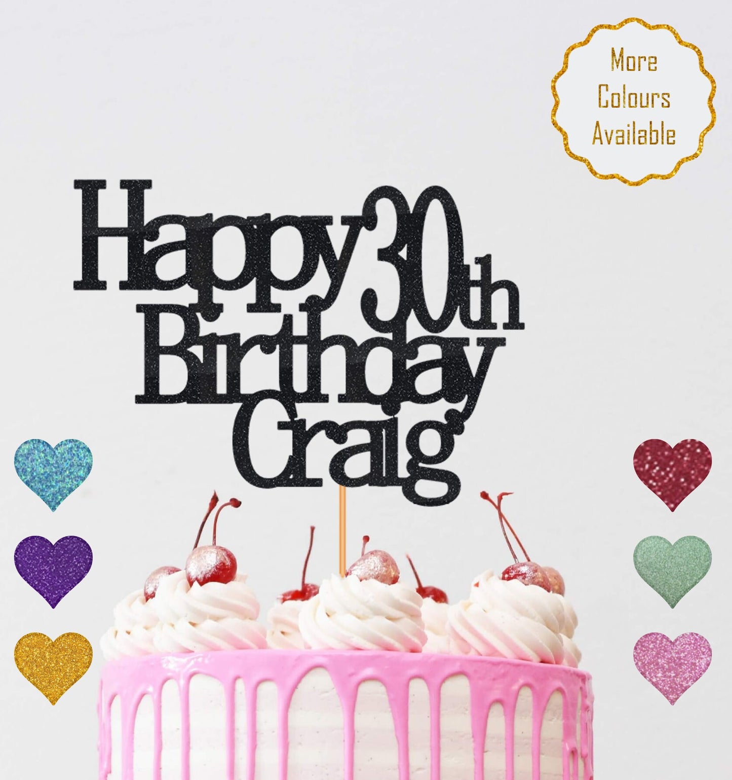 Personalised Name and Age Happy Birthday Cake Topper - 18th, 21st, 30th, 40th, 50th, 60th Cake Topper - Double Sided Glitter Card 12 Colours