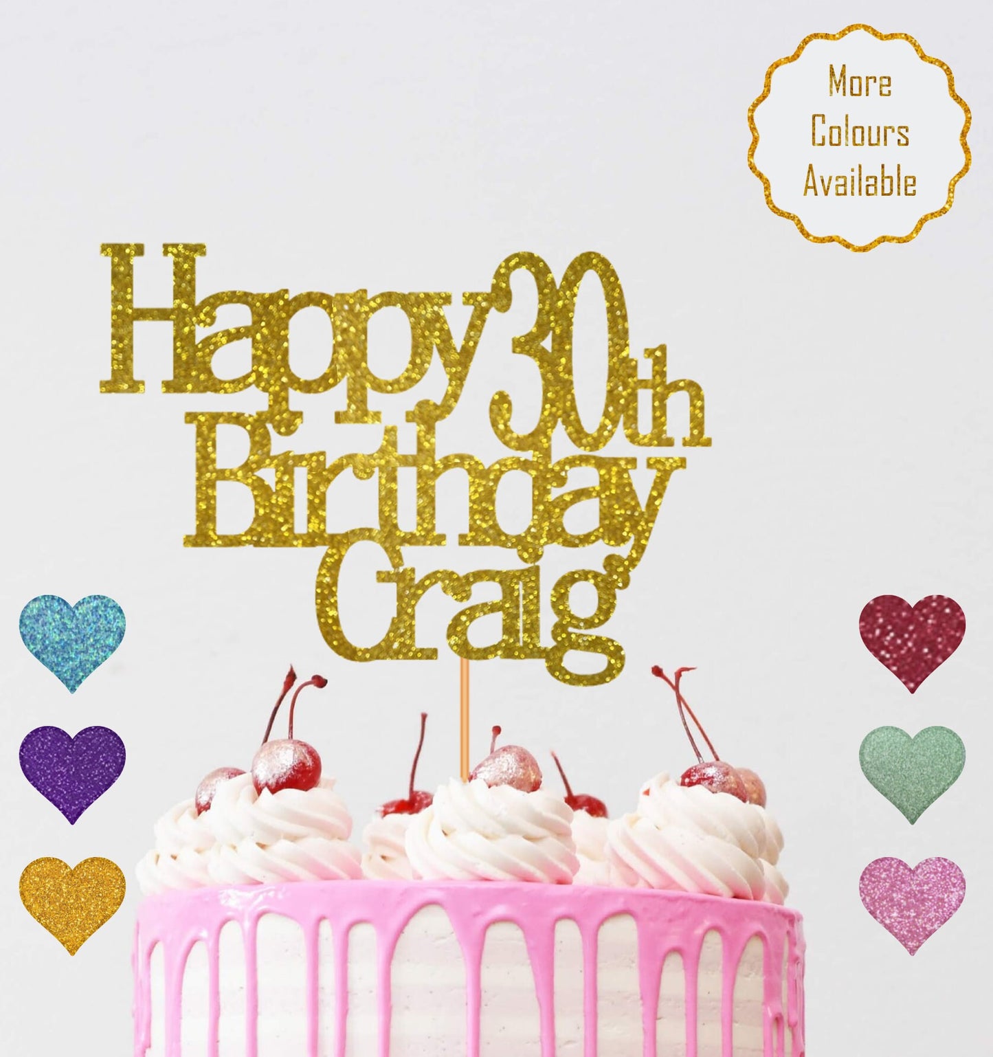 Personalised Name and Age Happy Birthday Cake Topper - 18th, 21st, 30th, 40th, 50th, 60th Cake Topper - Double Sided Glitter Card 12 Colours