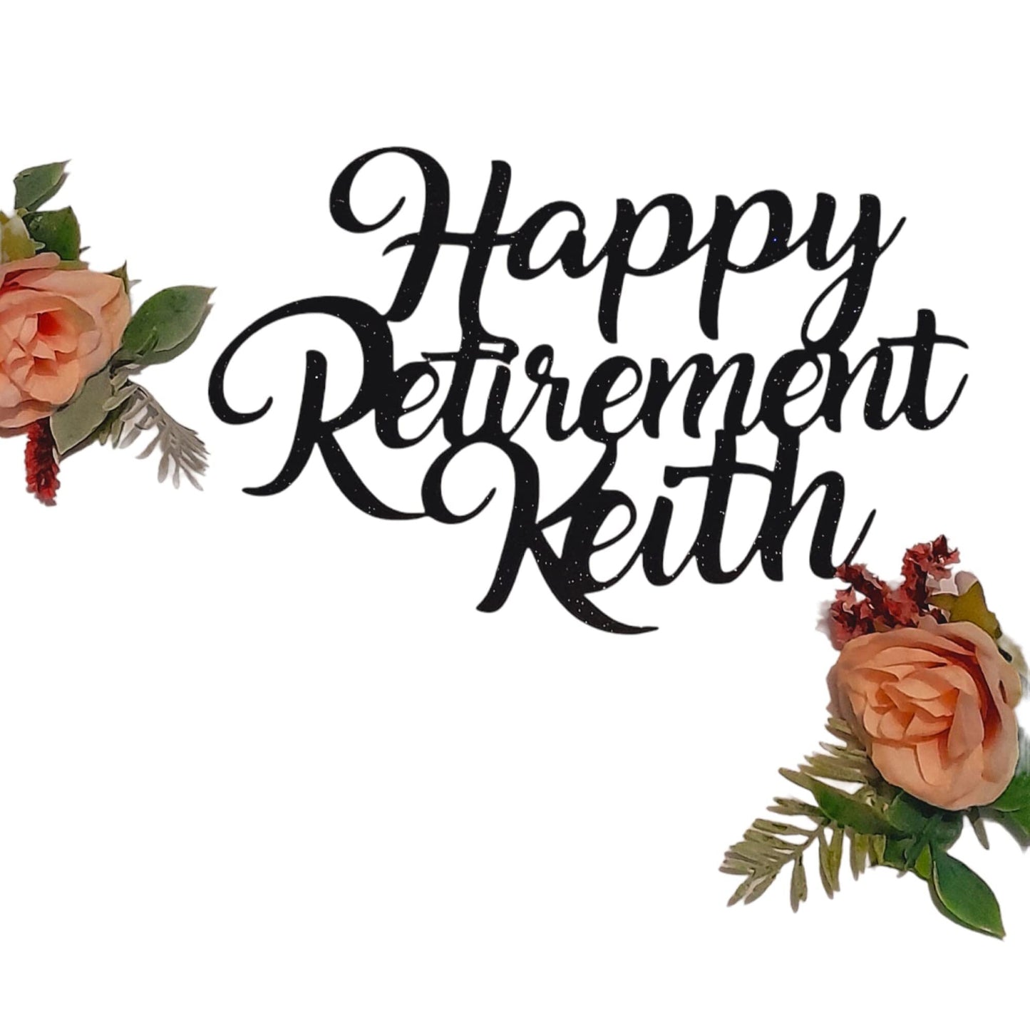 Personalised Happy Retirement Cake Topper, By 3 Little Desserts, Double Sided Glitter Card Toppers