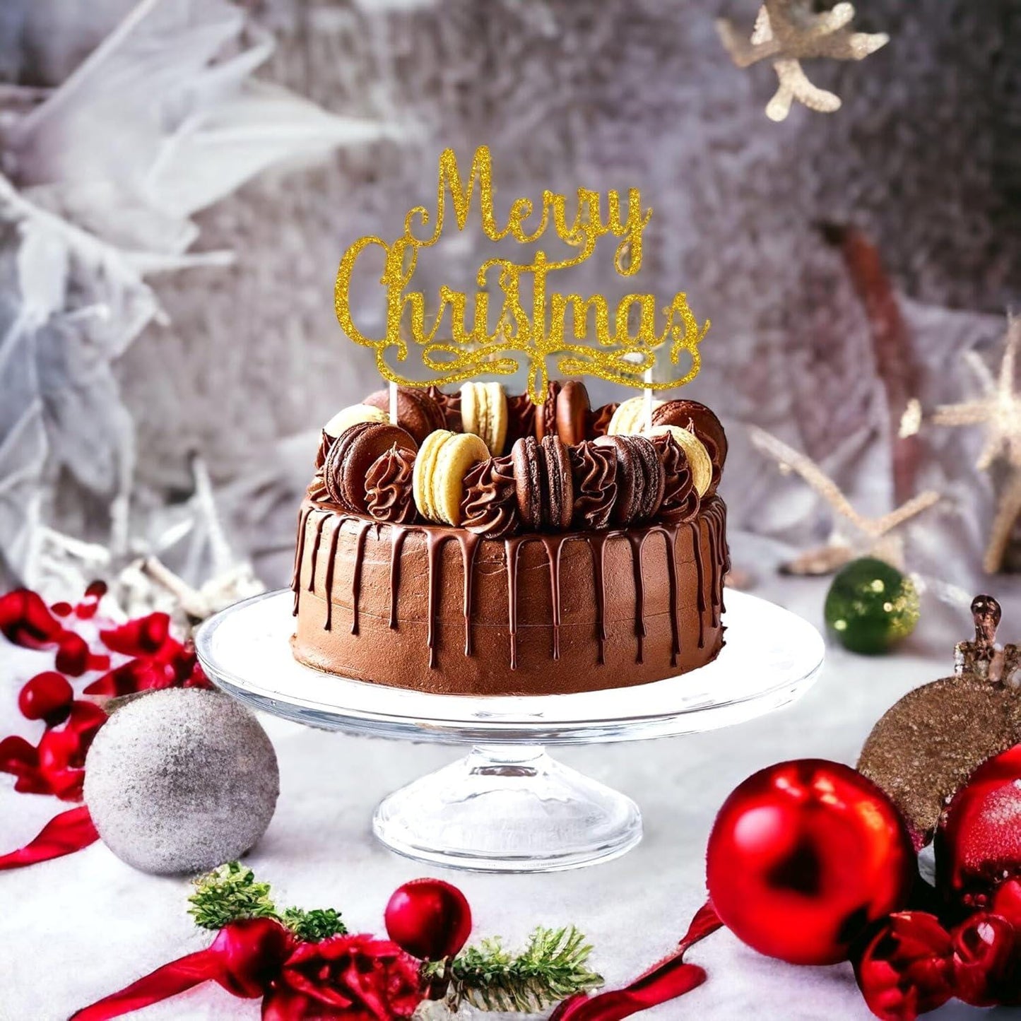 Reusable Christmas Cake Topper, Double-Sided Glitter Card Cake Decorations and Holiday Cake Decorations Glitter Gold, Merry Christmas