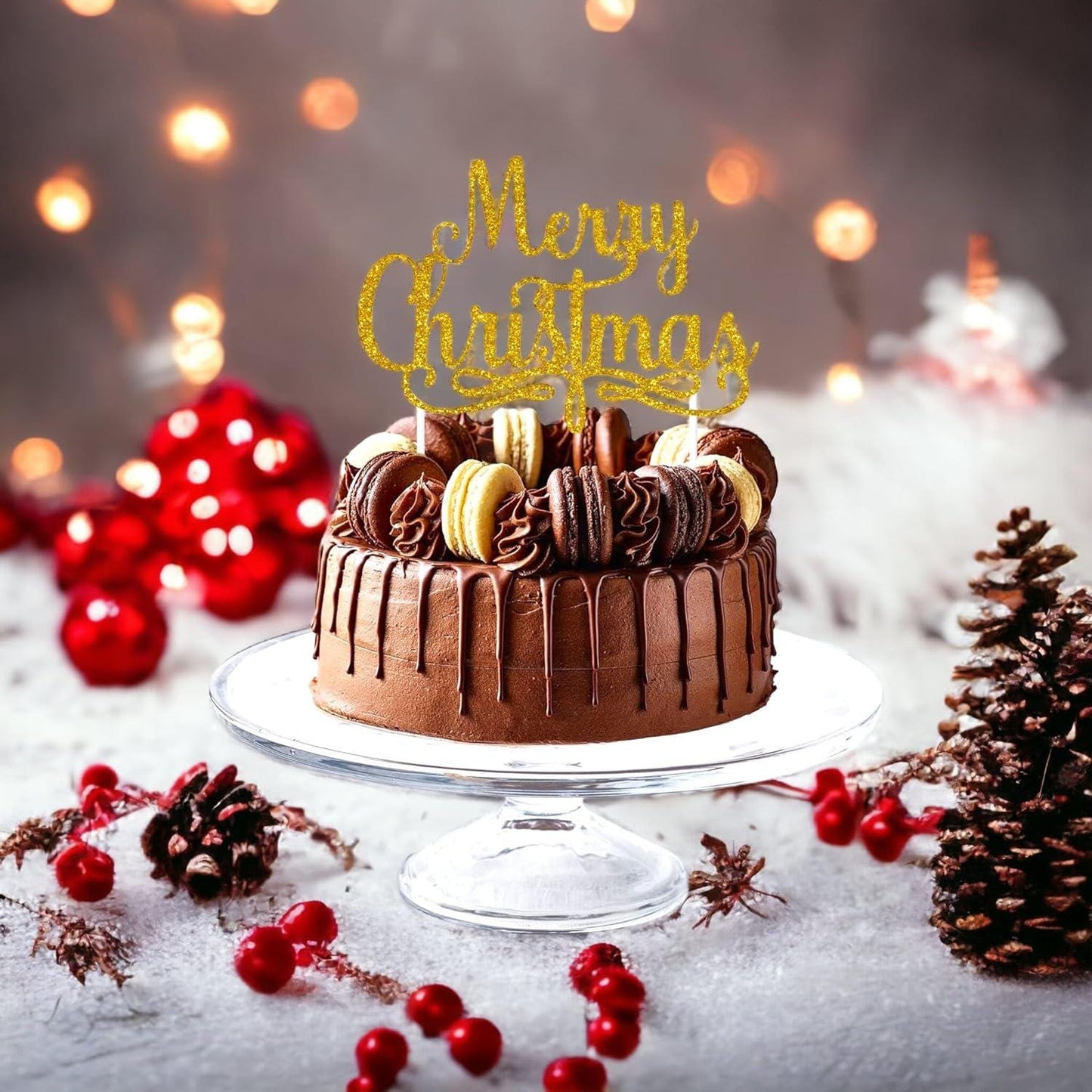 Reusable Christmas Cake Topper, Double-Sided Glitter Card Cake Decorations and Holiday Cake Decorations Glitter Gold, Merry Christmas