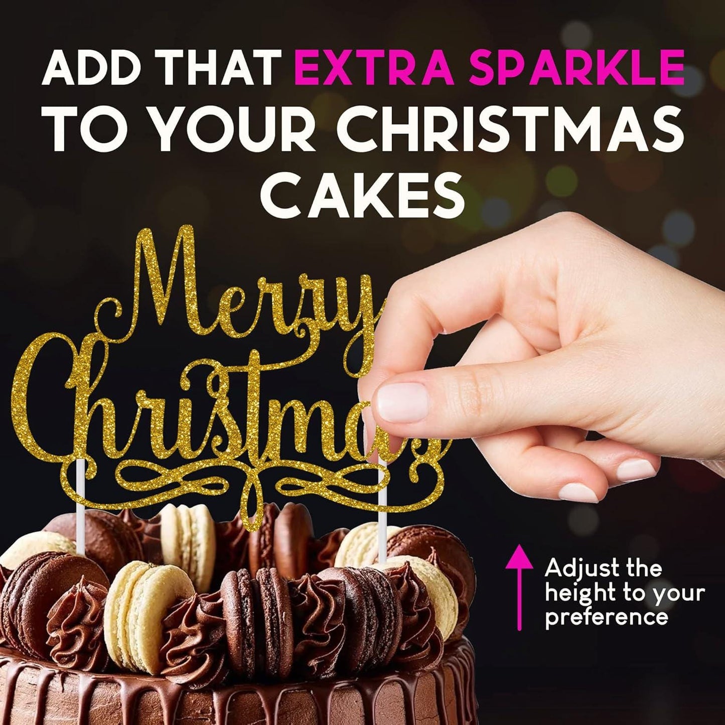 Reusable Christmas Cake Topper, Double-Sided Glitter Card Cake Decorations and Holiday Cake Decorations Glitter Gold, Merry Christmas