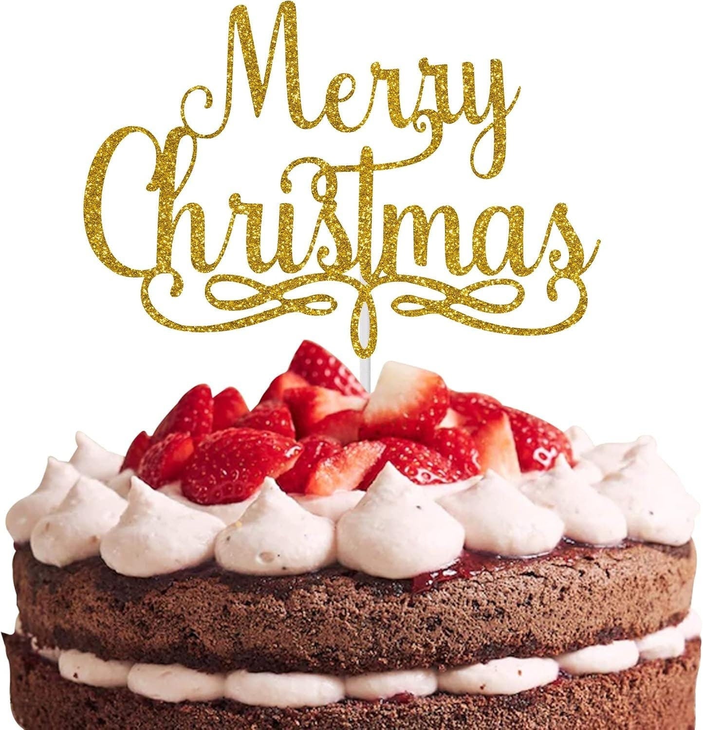 Reusable Christmas Cake Topper, Double-Sided Glitter Card Cake Decorations and Holiday Cake Decorations Glitter Gold, Merry Christmas