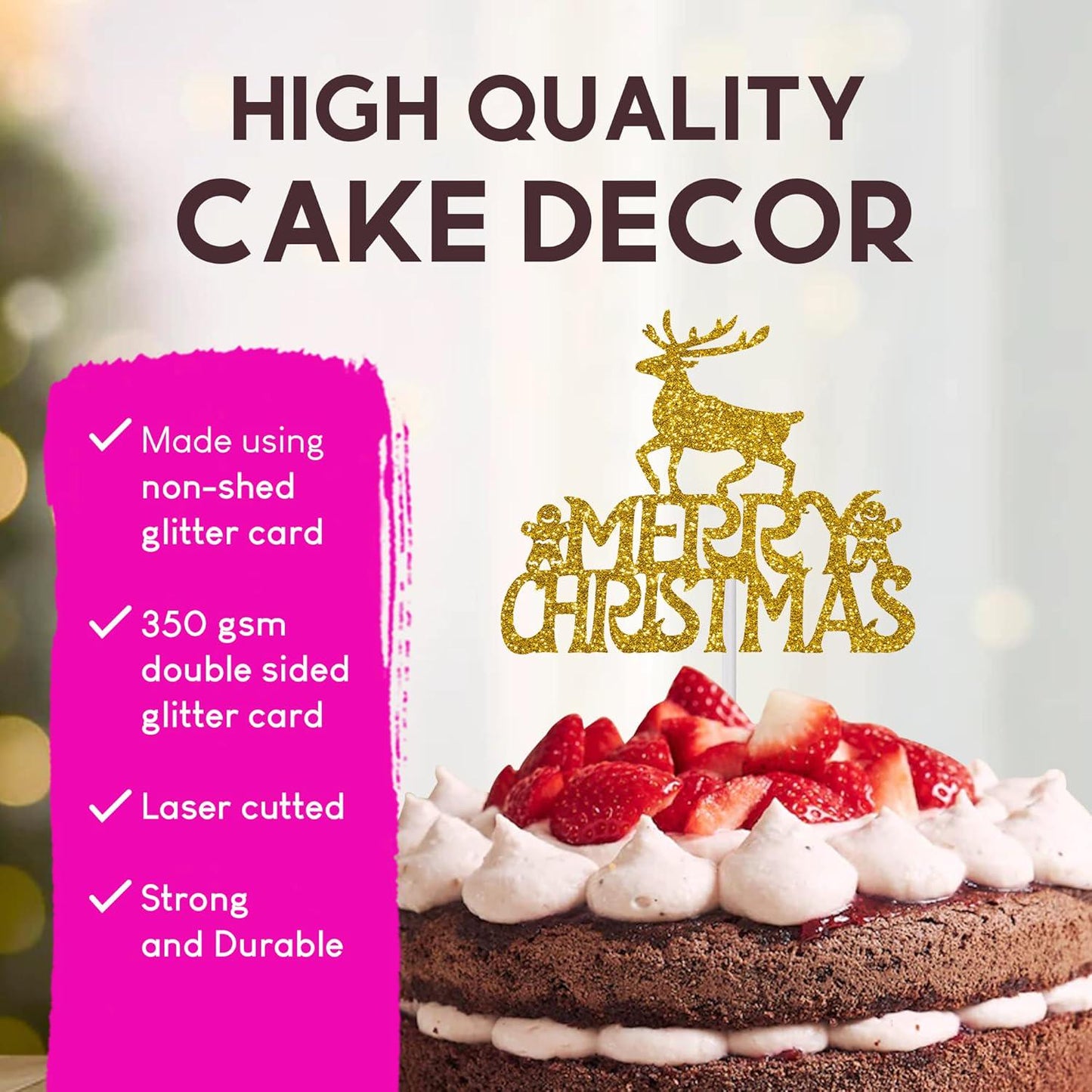 Reusable Christmas Cake Topper Double-Sided Glitter Card Decorations and Holiday Cake Decorations Glitter Gold Reindeer Gingerbread Men