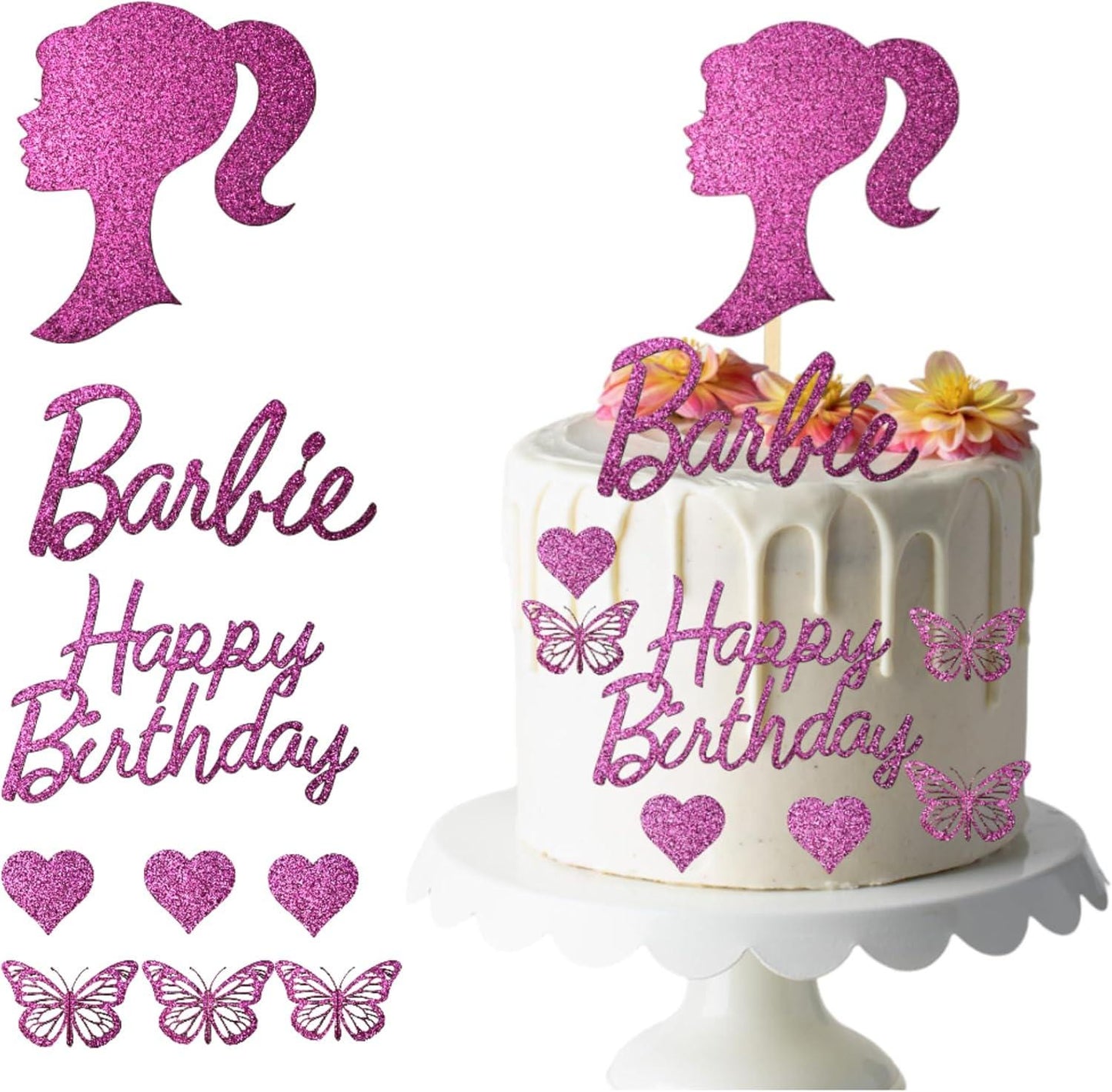 Princess Happy Birthday Cake Toppers Set Pink Glitter Card Decorations Girls Happy Sign 9 Piece Bundle for Magical Celebration