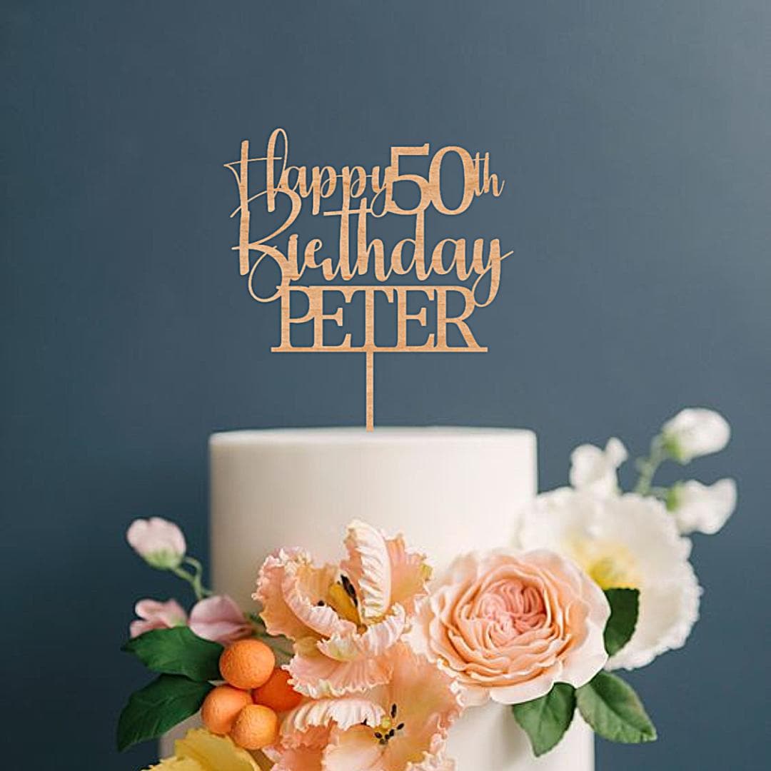 Personalised Happy Birthday Cake Topper Custom Wooden Cake Decoration with Any Name Age Rustic Cake Topper 15th 20th 35th 50th 65th