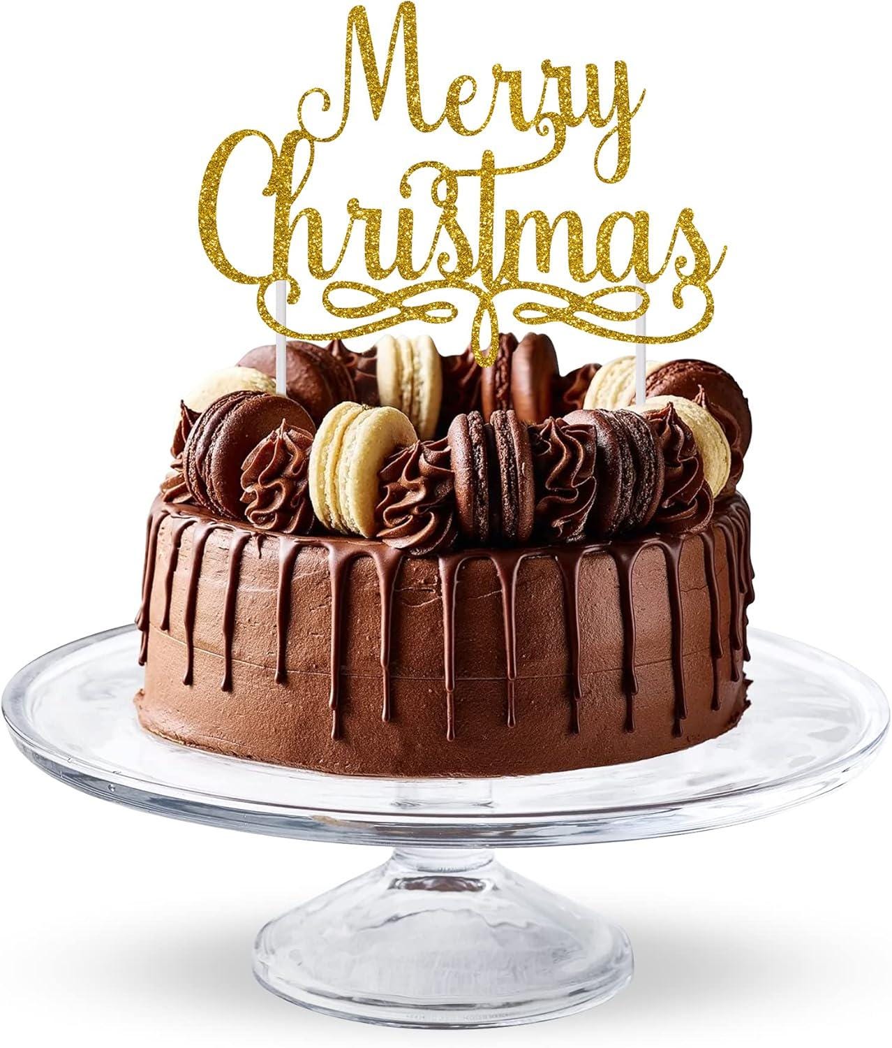 Reusable Christmas Cake Topper, Double-Sided Glitter Card Cake Decorations and Holiday Cake Decorations Glitter Gold, Merry Christmas