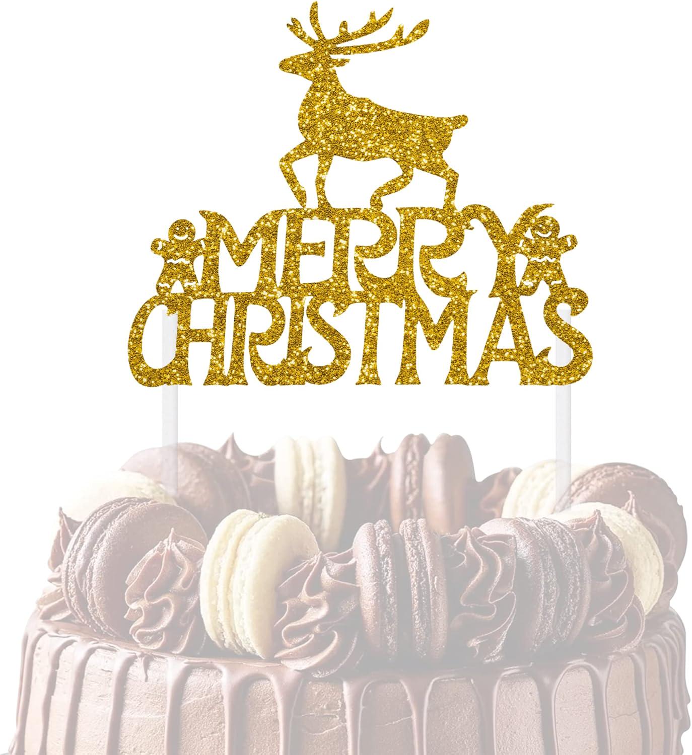 Reusable Christmas Cake Topper Double-Sided Glitter Card Decorations and Holiday Cake Decorations Glitter Gold Reindeer Gingerbread Men