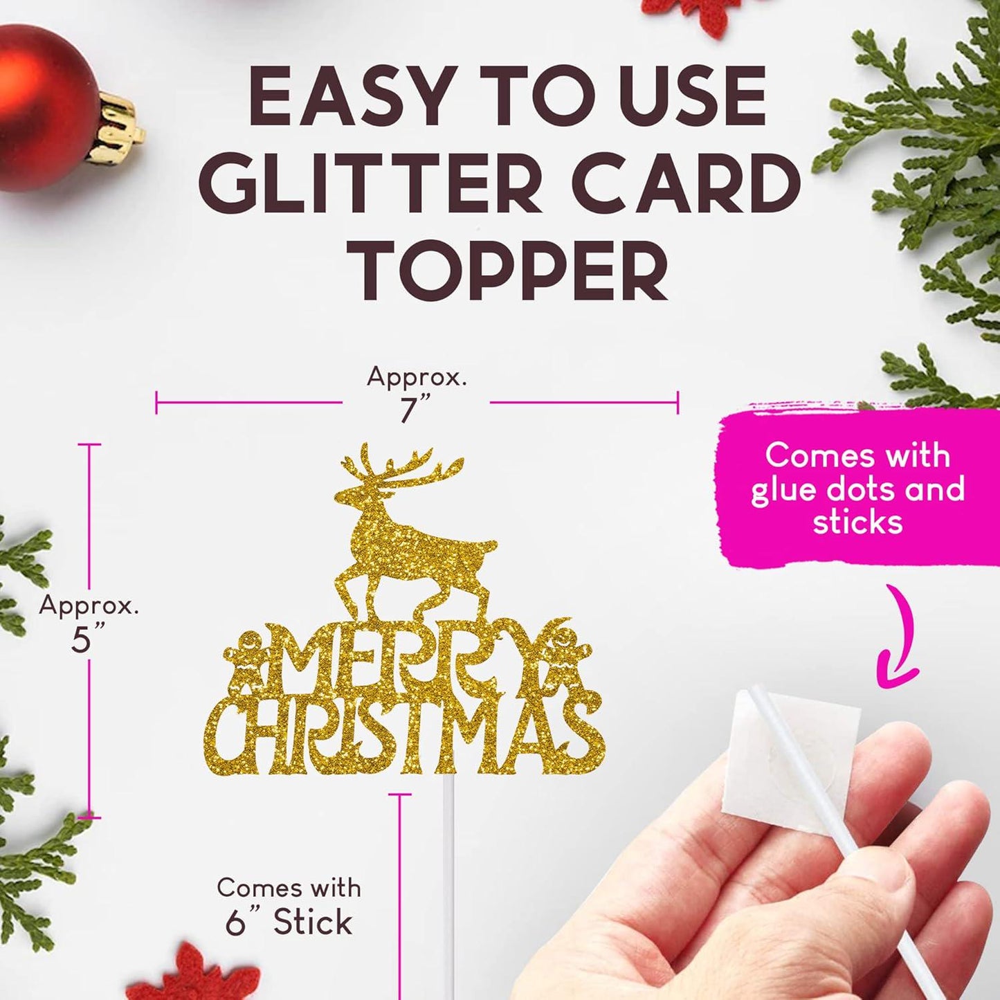 Reusable Christmas Cake Topper Double-Sided Glitter Card Decorations and Holiday Cake Decorations Glitter Gold Reindeer Gingerbread Men