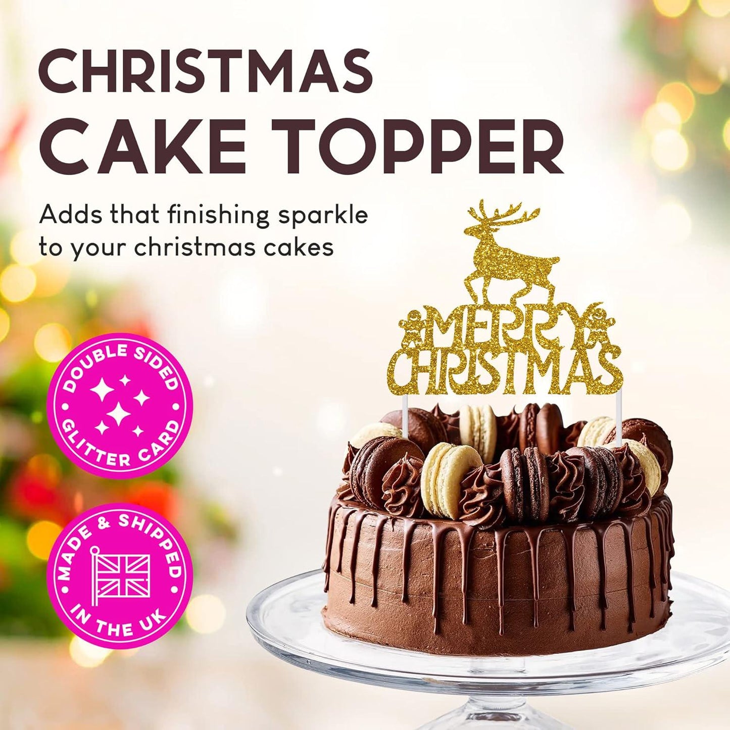 Reusable Christmas Cake Topper Double-Sided Glitter Card Decorations and Holiday Cake Decorations Glitter Gold Reindeer Gingerbread Men